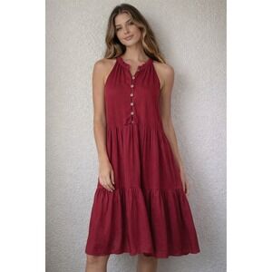 Hommage Halter Dress Sleeveless Button Front Tiered Mini Dress Red S